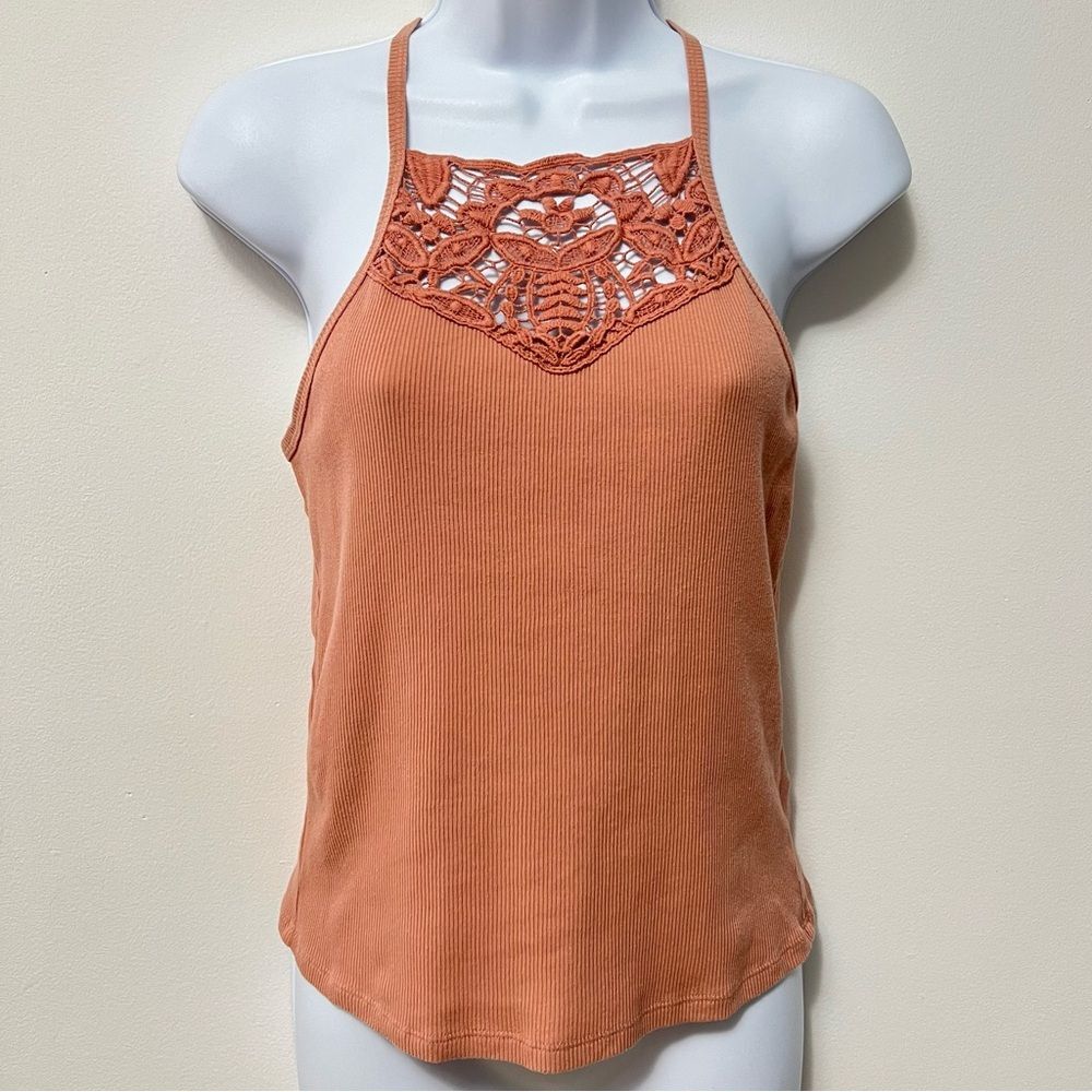SALE!! Aeropostale Womens Y2K Lace Tank Top Size Large Peach Ribbed Racerback